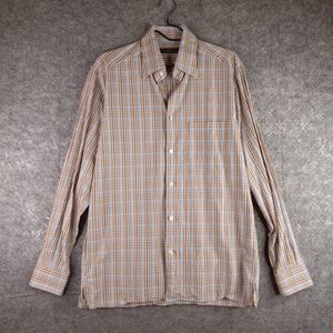 Ermenegildo Zegna Button Up Shirt Mens M Yellow Blue Plaid Long Sleeve Pocket